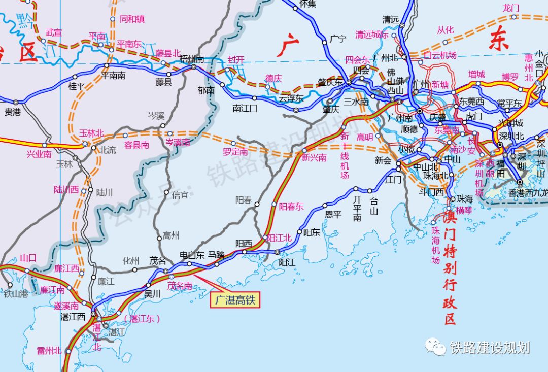 岑溪進入廣東省境內,經羅定,雲浮,新幹線機場至江門,接入深茂鐵路江門